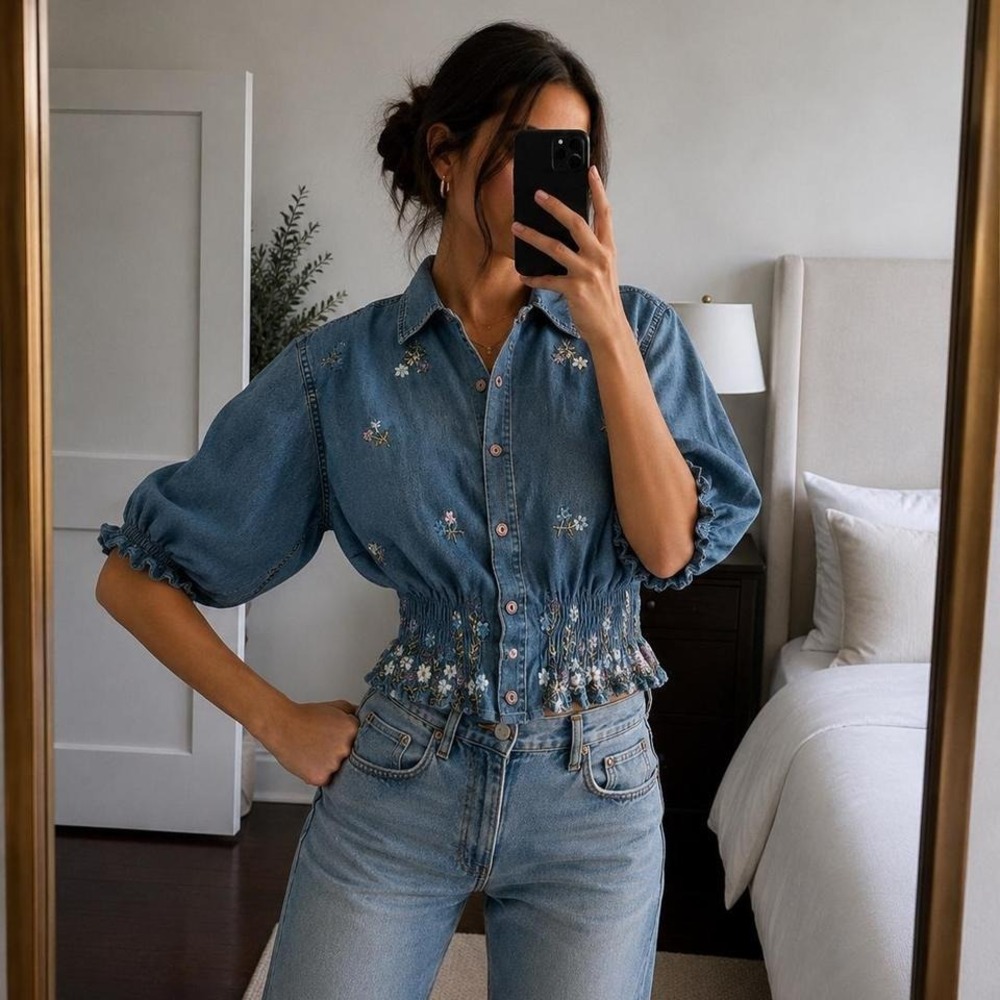 Vintage Embroidered Denim Chamgray Button Blouse Women S Boho Cottagecore 90s - Picture 1 of 7
